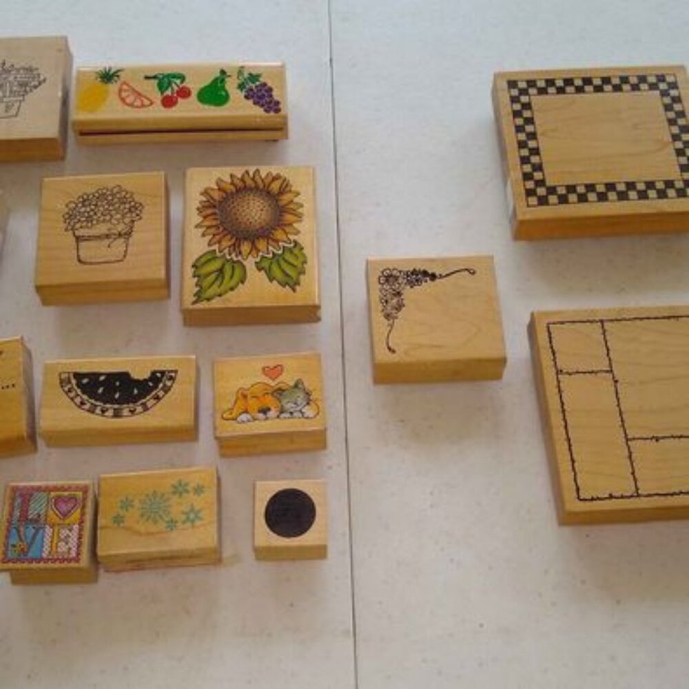 Wooden Rubber Stamps sunflower, watermelon, Fruits bear, bird, dog, cat x 17